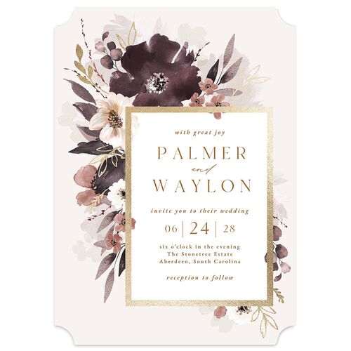 Gilded Blooms Wedding Invitations Gold Eggplant Signature Blank No Ticket
