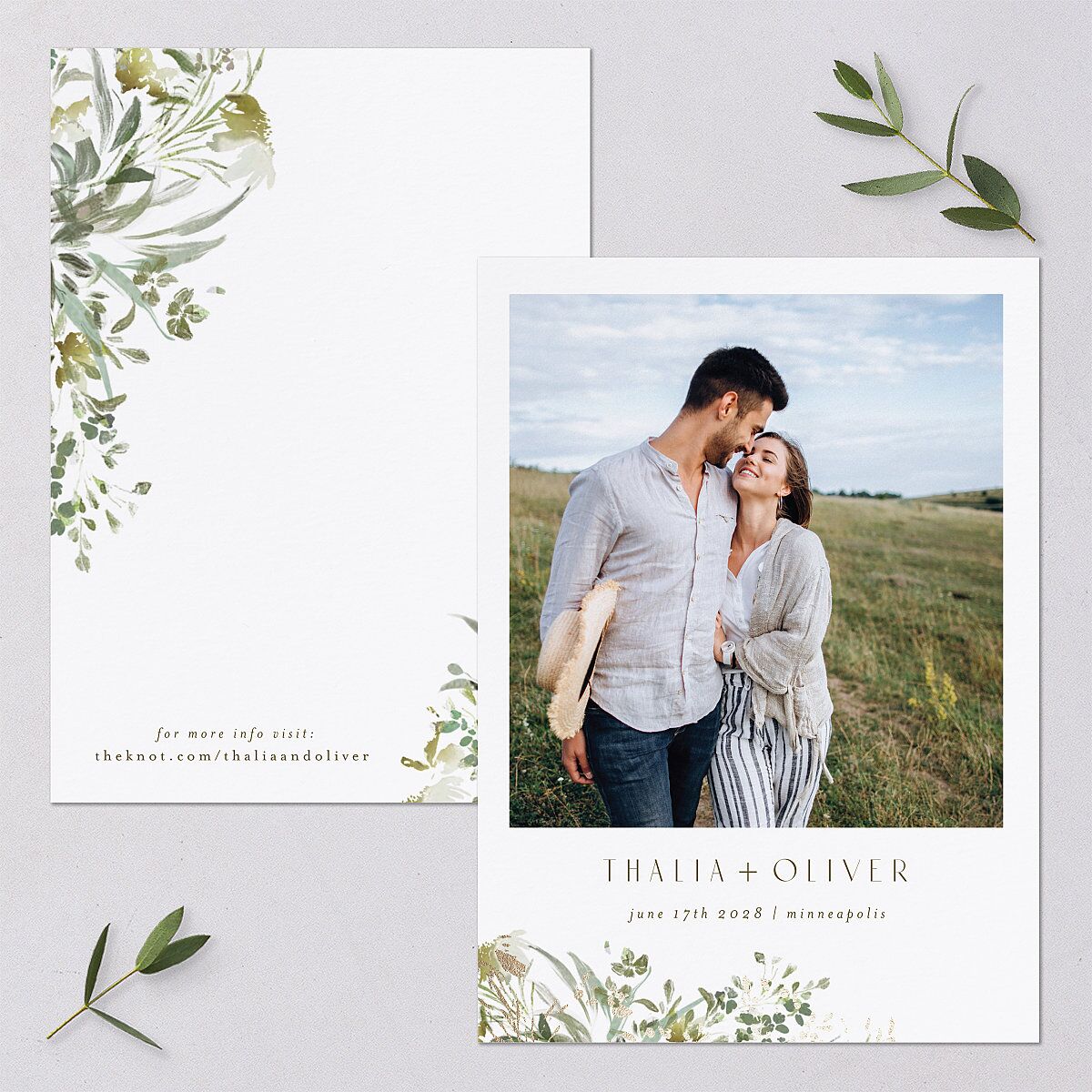 Gilded Greenery Save The Date Cards Gold Pure White Signature smooth Blank No Standard