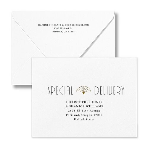 Gatsby Deco Arch Save the Date Magnet Euro Envelopes White Dark Emerald Both Recipient and Return Addresses Luxe Signature