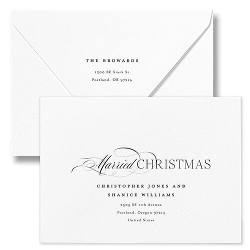 Meet the Newlyweds Holiday Card Euro Envelopes White Sand Both Recipient and Return Addresses Luxe Signature