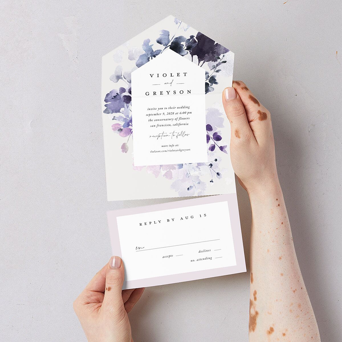 Ethereal Floral All-in-One Wedding Invitations Sheer Lilac Signature Light Both Recipient and Return Addresses No