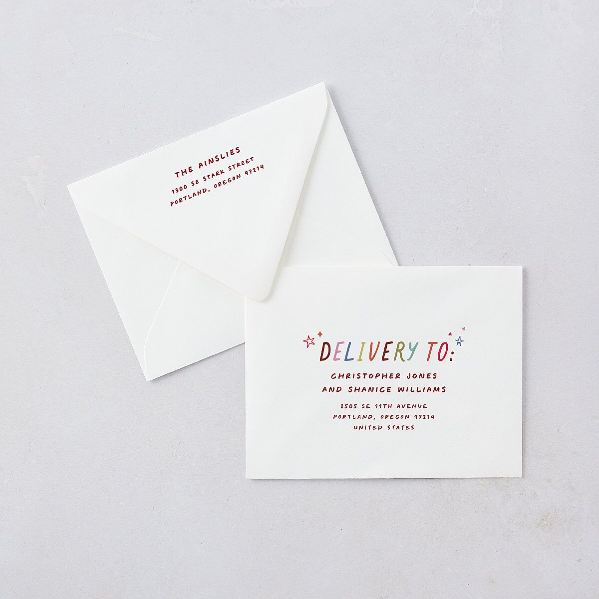 What a Year Whimsical Calendar Photos Thank You Card Euro Envelopes White Maroon Both Recipient and Return Addresses Luxe Signature