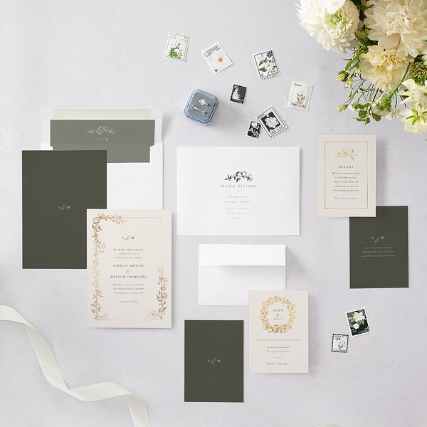 Delicate Vines Foil Wedding Invitations Gold Hunter Green Signature Blank No Standard