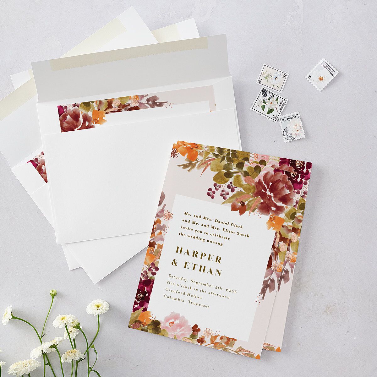 Fall Garland Wedding Invitations Rose Gold Peony Signature Blank No Standard