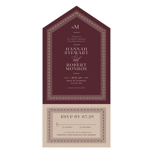 Antique Scallop Frame All-in-One Wedding Invitations Merlot Signature Light Both Recipient and Return Addresses No