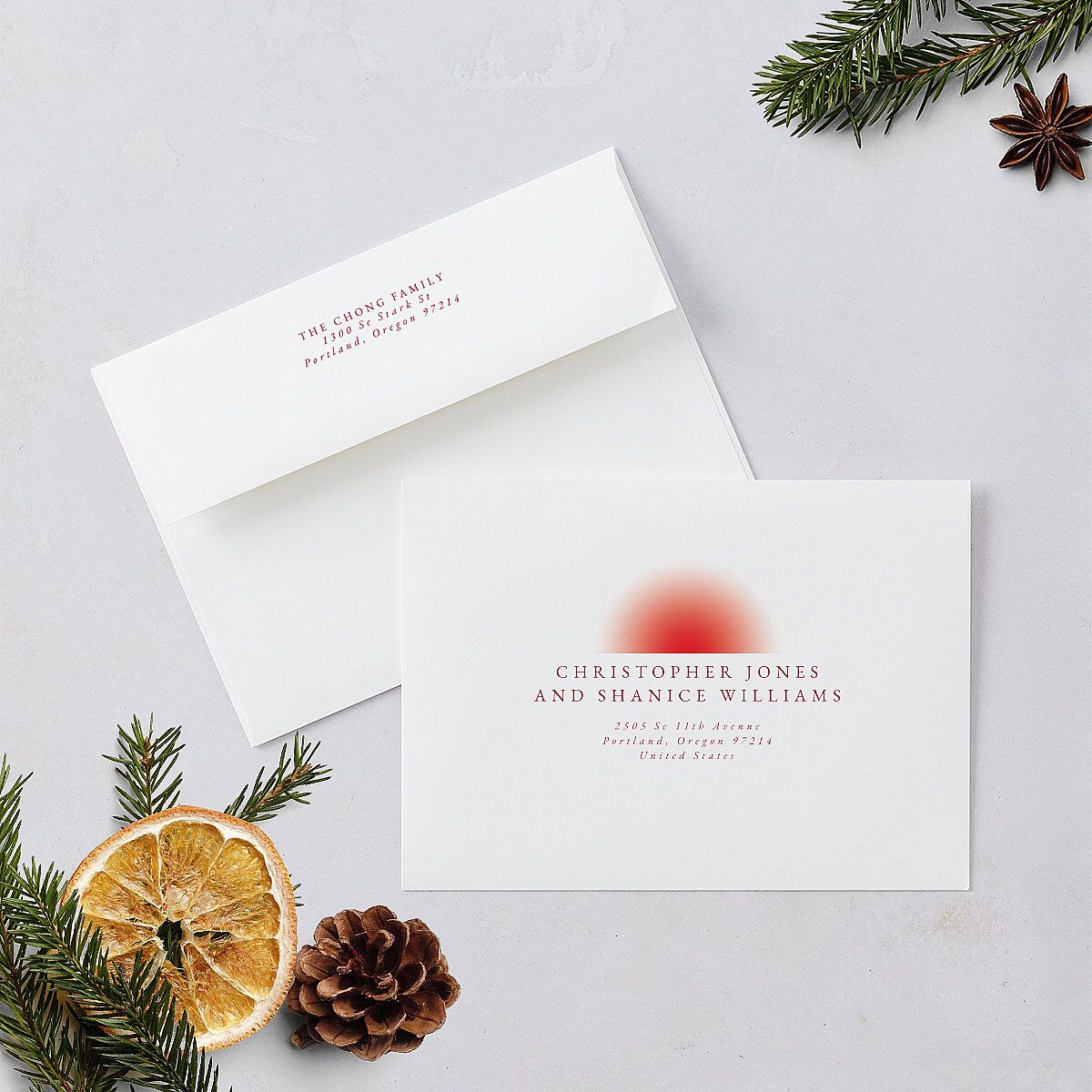 Lunar New Year Hues Holiday Card Envelopes White Garnet Both Recipient and Return Addresses Standard Signature