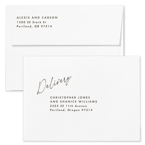 Elegant Modern Portrait Script Wedding Invitation Envelopes Rose Sand Return Address Standard Signature