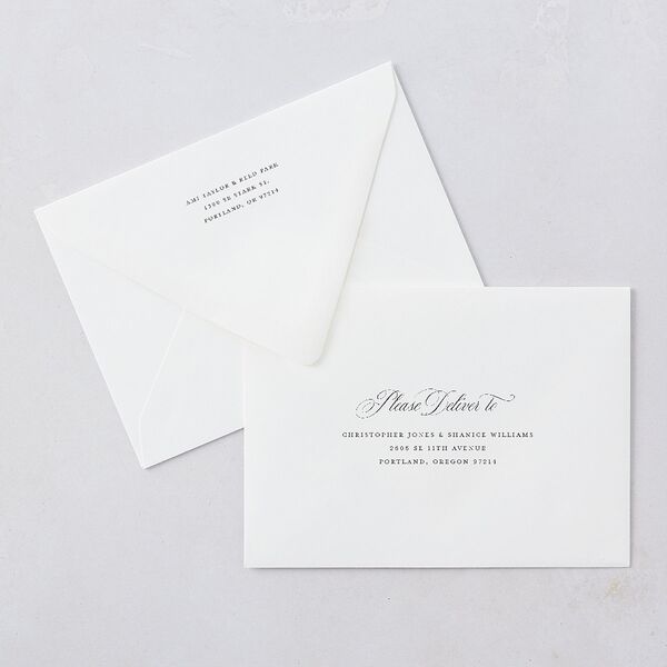 Grand Calligraphy Wedding Invitation Euro Envelopes White Medieval Grey Both Recipient and Return Addresses Luxe Signature