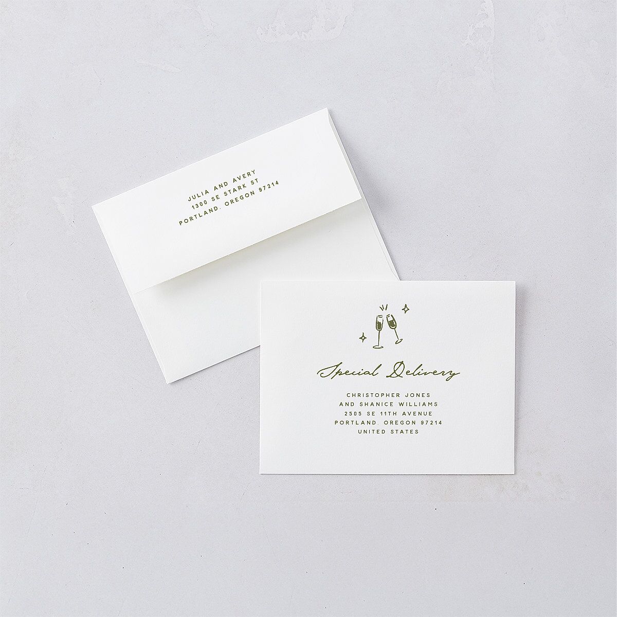 Hand Drawn Cake Save the Date Magnet Envelopes White Dark Camo Both Recipient and Return Addresses Signature Standard