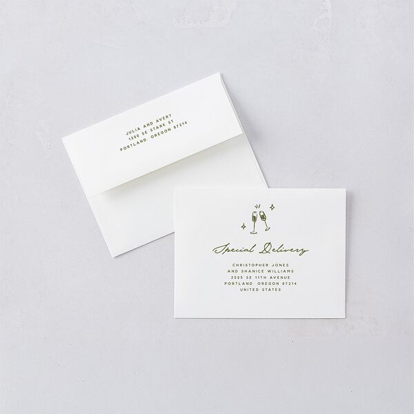 Hand Drawn Cake Save the Date Magnet Envelopes White Dark Camo Both Recipient and Return Addresses Signature Standard