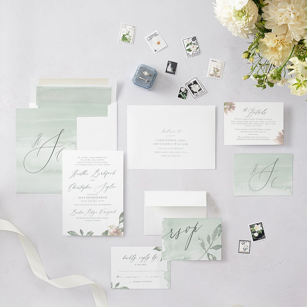 Dusted Calligraphy Wedding Invitations Sea Foam Signature Blank No Standard