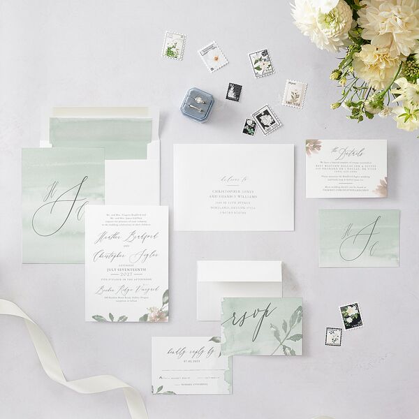 Dusted Calligraphy Wedding Invitations Sea Foam Signature Blank No Standard