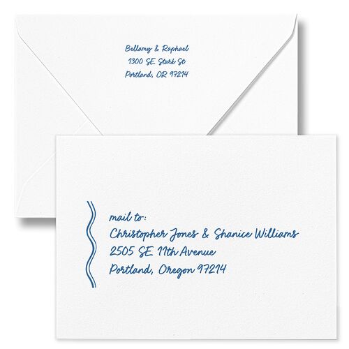 Modern Hand Drawn Wavy Frame Wedding Invitation Euro Envelopes White Jewel Blue Both Recipient and Return Addresses Luxe Signature