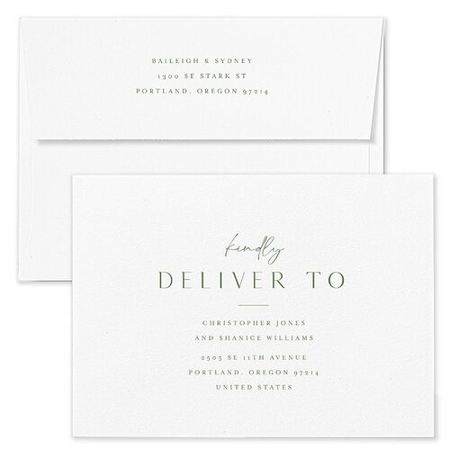 Side Panel Wedding Invitation Envelopes White Deep Olive Both Recipient and Return Addresses Standard Signature