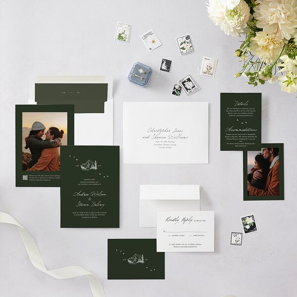 Elegant Mountain Monogram Wedding Invitations Dark Green Signature Blank Standard No