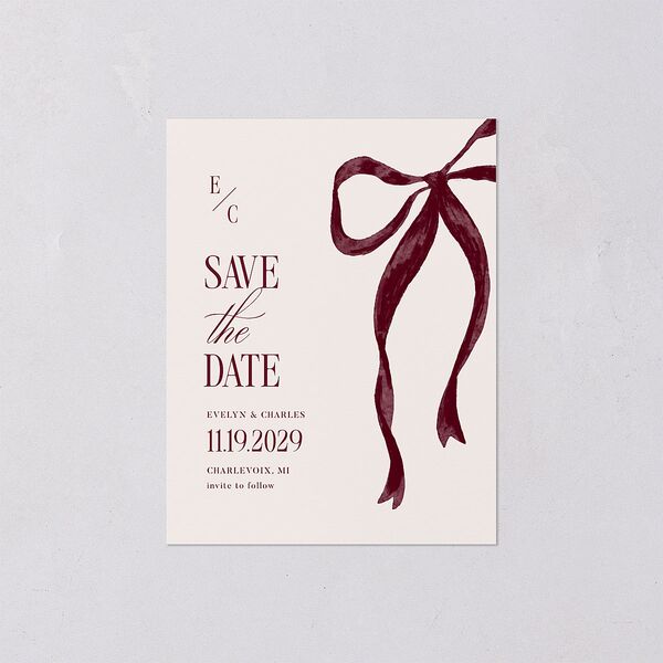 Whimsical Hand Drawn Bow Save the Date Petite Cards Burgundy Signature smooth Blank No Standard