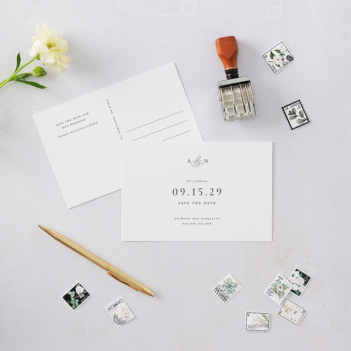 Elegant Photo Monogram Save the Date Postcards Pure White