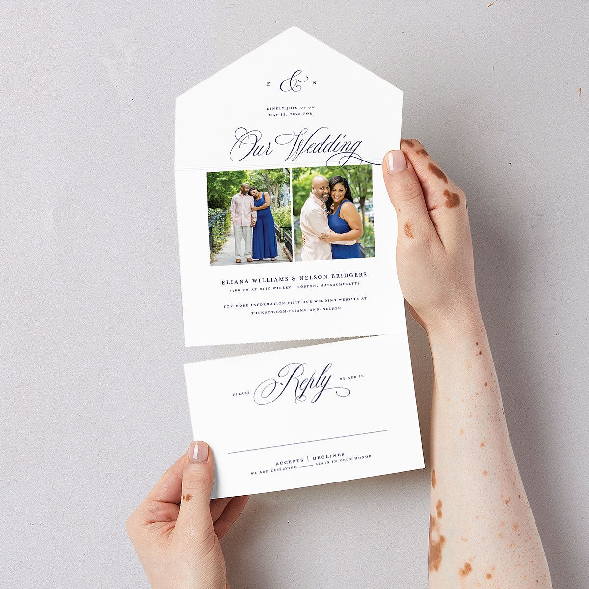 Classic Photo All-in-One Wedding Invitations Navy Signature Light Both Recipient and Return Addresses No