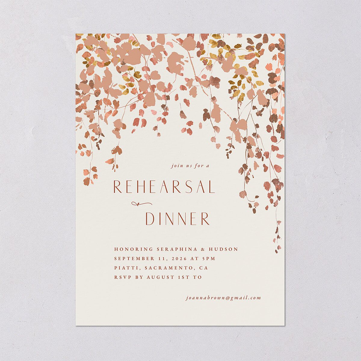 Cascading Florals Rehearsal Dinner Invitations Copper Signature Blank