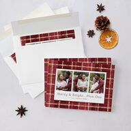 Merry and Bright Plus One Plaid Pattern Holiday Cards Burgundy Signature Blank Standard Portrait