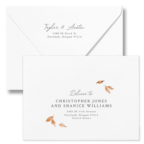 Leafy Garland Foil Wedding Invitation Euro Envelopes White Champagne Both Recipient and Return Addresses Luxe Signature