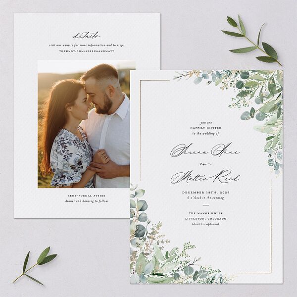 Shining Greenery Wedding Invitations Gold Off-White Signature Blank No Standard