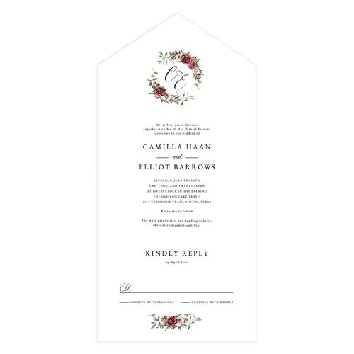 Floral Monogram All-in-One Wedding Invitations Burgundy Signature Light Both Recipient and Return Addresses No