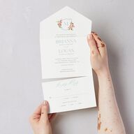 Watercolor Floral Crest All-in-One Wedding Invitations Shell Pink Signature Light Both Recipient and Return Addresses No