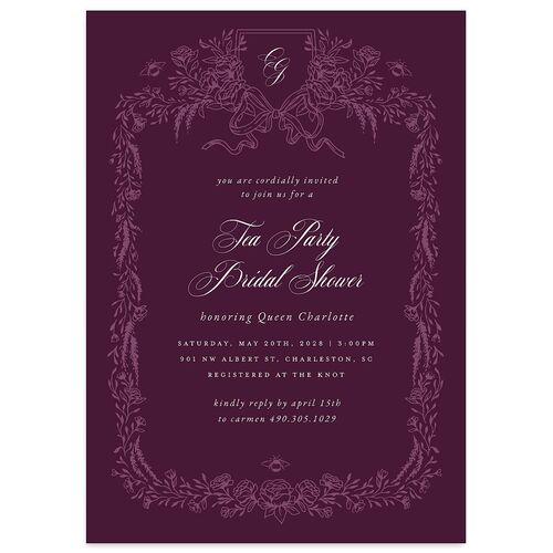 Rose Garden Crest Bridal Shower Invitations by Bridgerton Bordeaux Signature Blank Standard