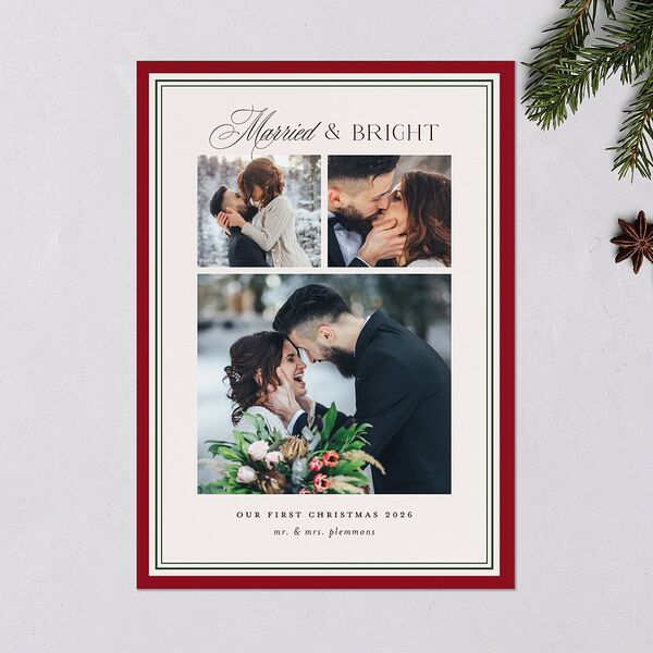 Classic Border First Married Christmas Holiday Cards Ruby Signature Blank Standard