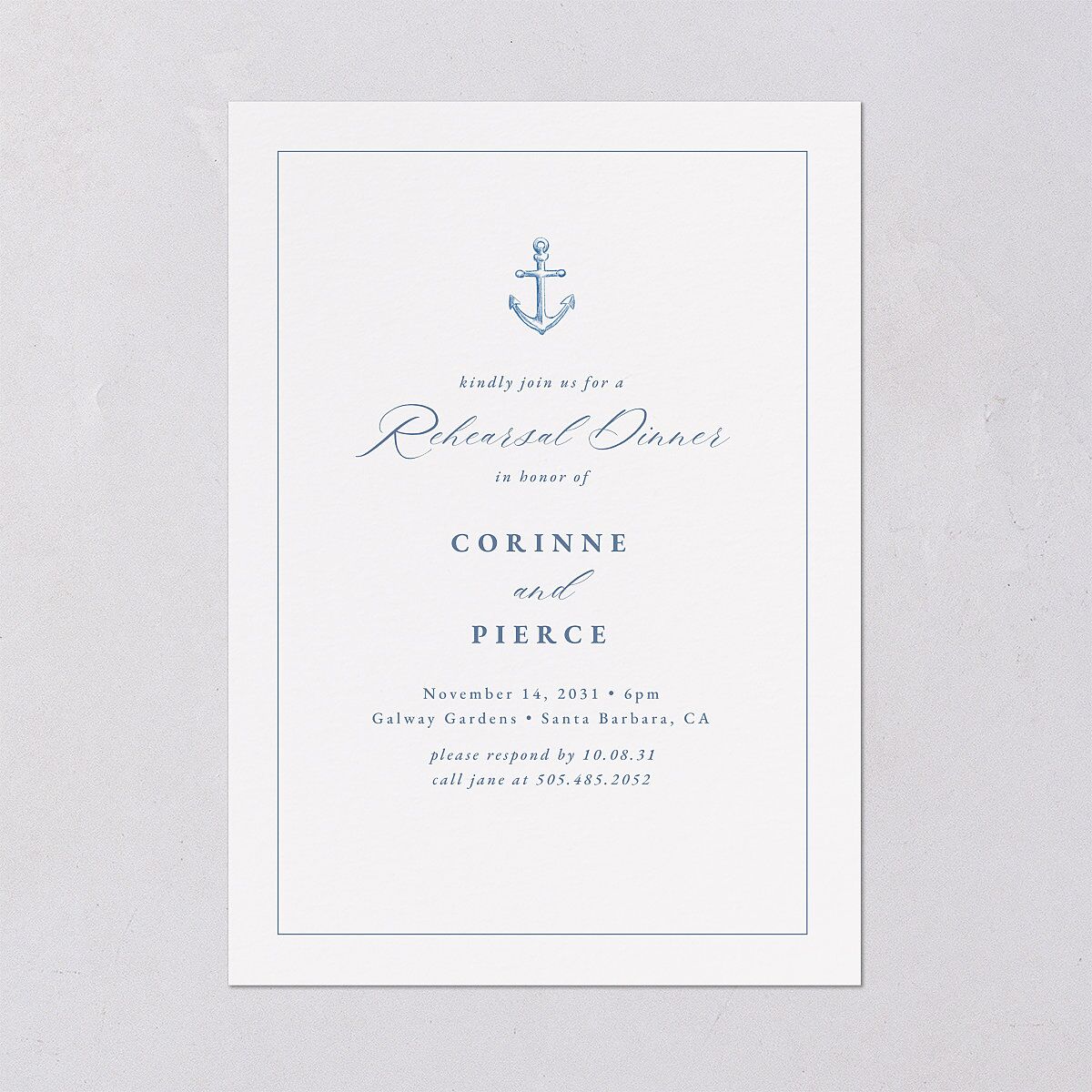 Minimal Icon Rehearsal Dinner Invitations Regency Blue Signature Blank Standard