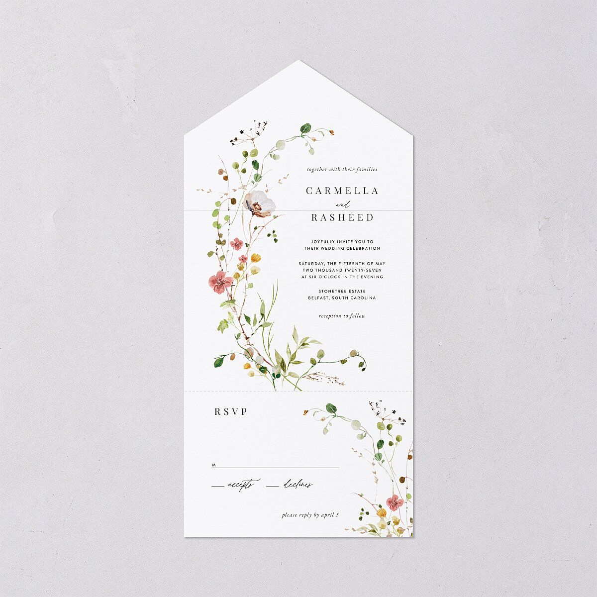 Delicate Wildflower All-in-One Wedding Invitations Peach Pink Signature Light Both Recipient and Return Addresses No