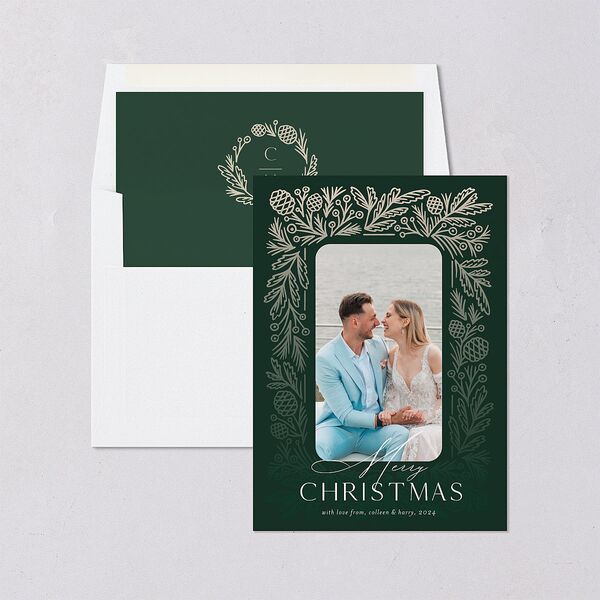 Pinecone Frame Holiday Cards Dark Green Signature Blank