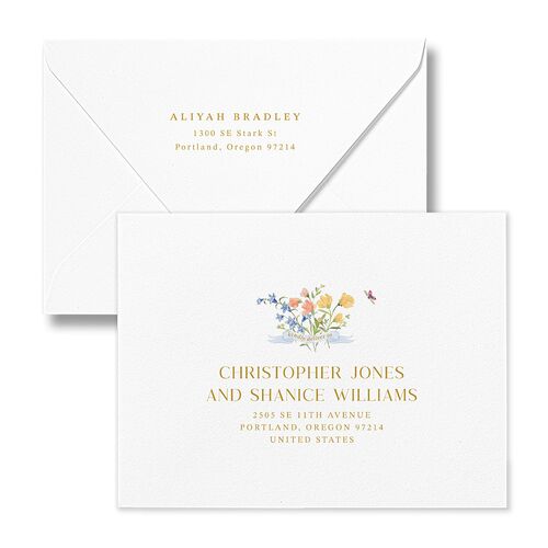 Fairytale Wildflower Crest Bridal Shower Thank You Card Euro Envelopes White Daffodil Both Recipient and Return Addresses Luxe Signature