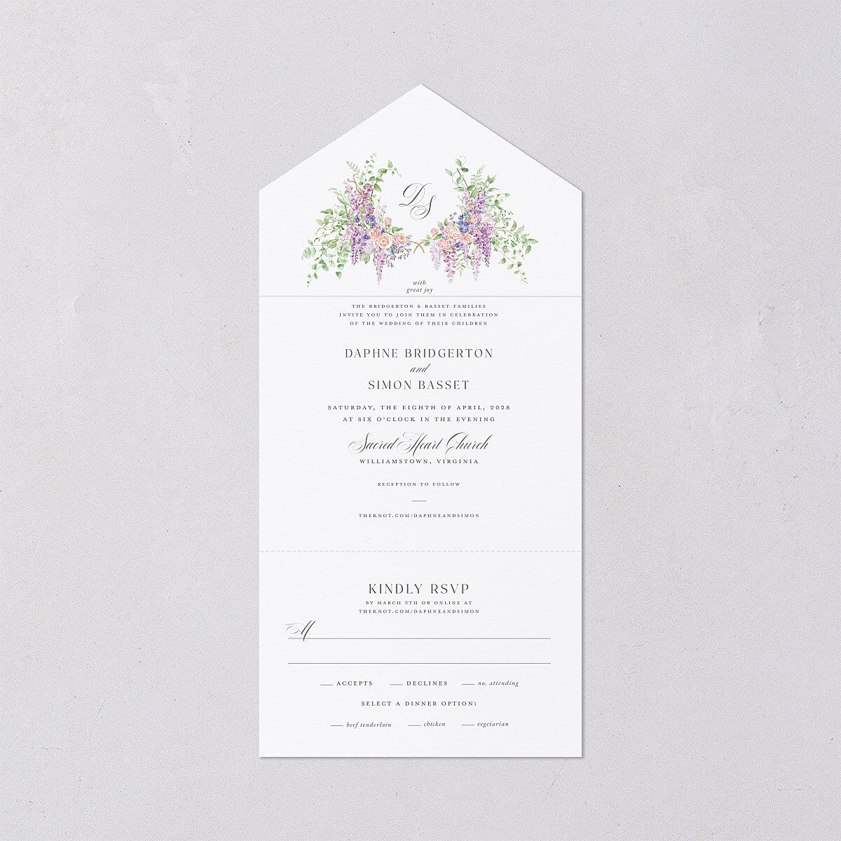 Formal Wisteria Garden Crest All-in-One Wedding Invitations by Bridgerton — view 1
