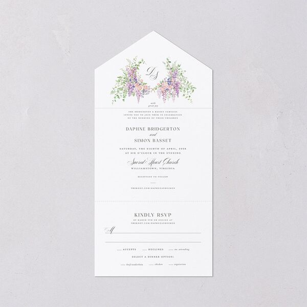 Formal Wisteria Garden Crest All-in-One Wedding Invitations by Bridgerton Purple Haze Signature Light Both Recipient and Return Addresses No