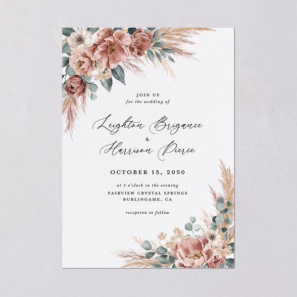 Pampas and Eucalyptus Floral Wedding Invitations Desert Rose Signature Blank No Standard