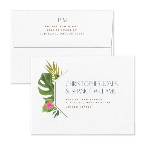 Hawaiian Tropical Monstera Frame Thank You Card Envelopes White Regency Blue Return Address Signature Standard
