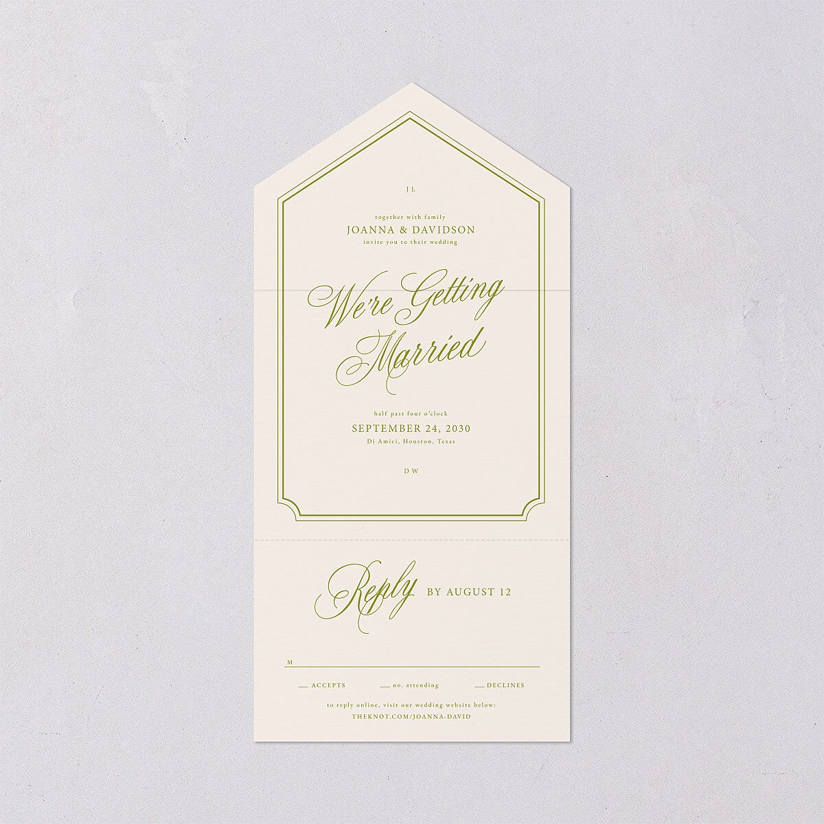 We're Getting Married All-in-One Wedding Invitations Deep Olive Signature Light Both Recipient and Return Addresses