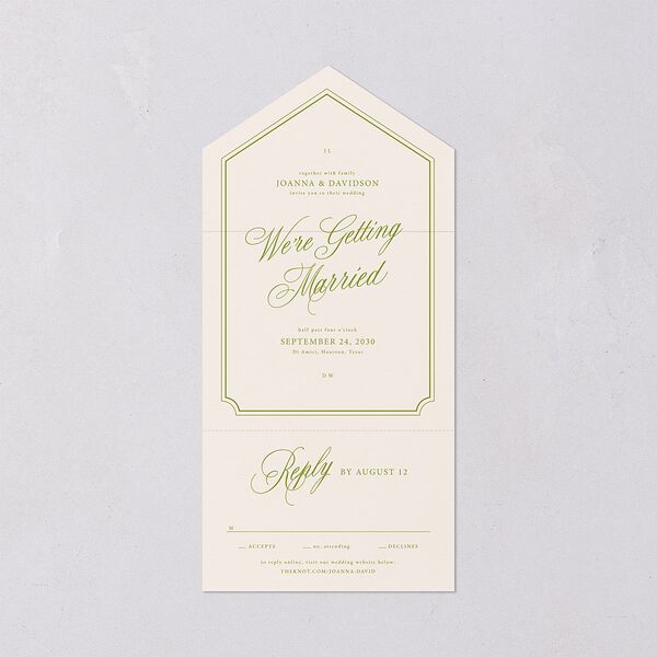 We're Getting Married All-in-One Wedding Invitations Deep Olive Signature Light Both Recipient and Return Addresses