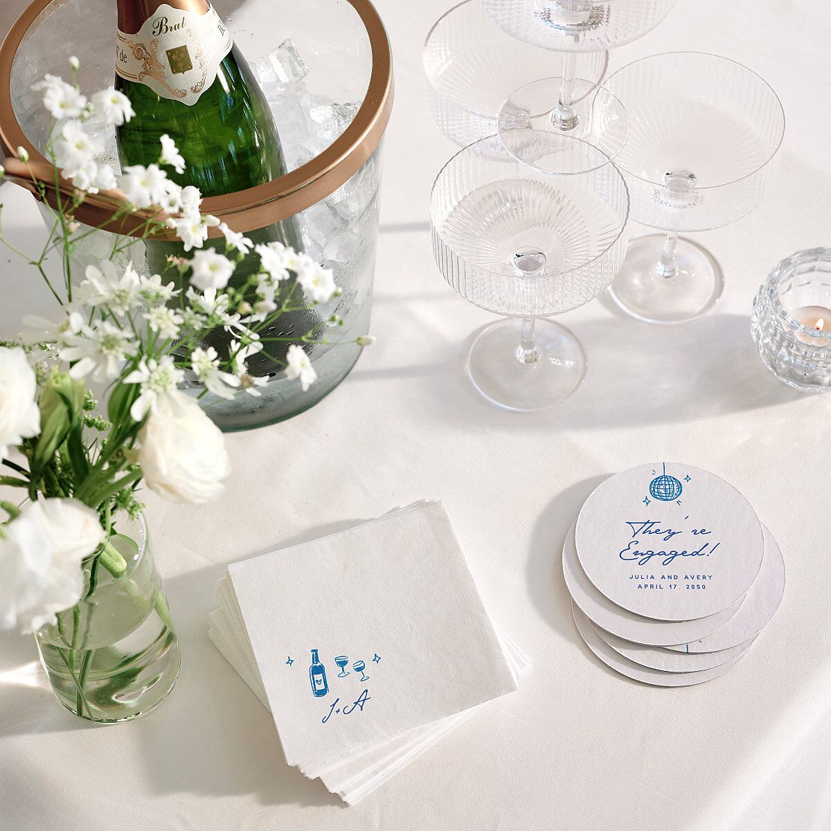 Hand Drawn Cake Engagement Party Coasters French Blue Cardboard Circle