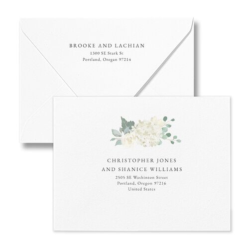 Elegant Hydrangea Bridal Shower Thank You Card Euro Envelopes White Off-White Both Recipient and Return Addresses Luxe Signature