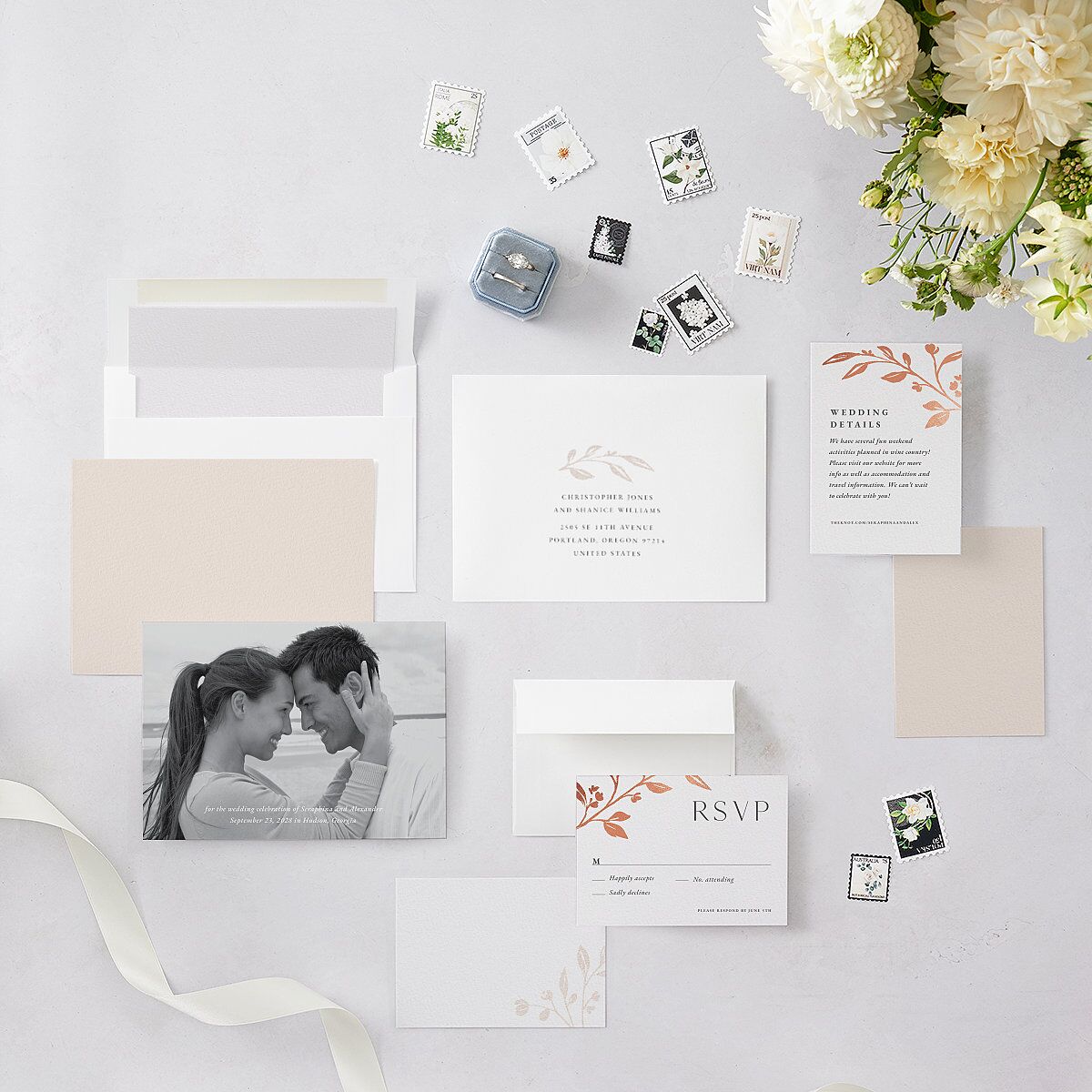 Botanical Initials Foil Save The Date Cards Rose Gold Pink Cotton Signature smooth Blank No Standard