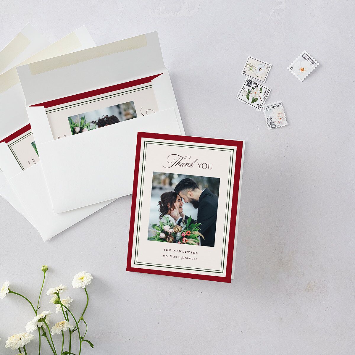 Classic Border First Married Christmas Thank You Cards Ruby
