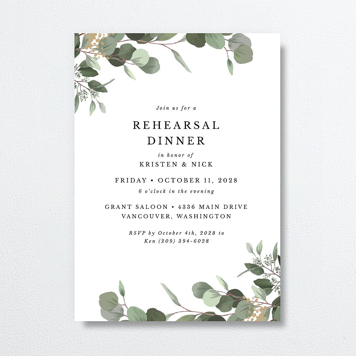 Eucalyptus Frame Rehearsal Dinner Invitations Pure White Signature Standard