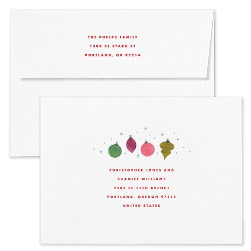 Vintage Christmas Ornaments Holiday Card Envelopes White Barely Peach Both Recipient and Return Addresses Standard Signature