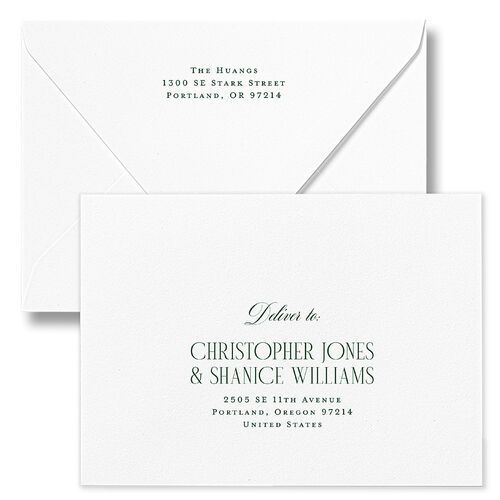 Elegant Monogram Greeting Holiday Card Euro Envelopes White Hunter Green Both Recipient and Return Addresses Luxe Signature