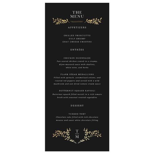 Monogram Garland Foil Menus Midnight Gold Signature