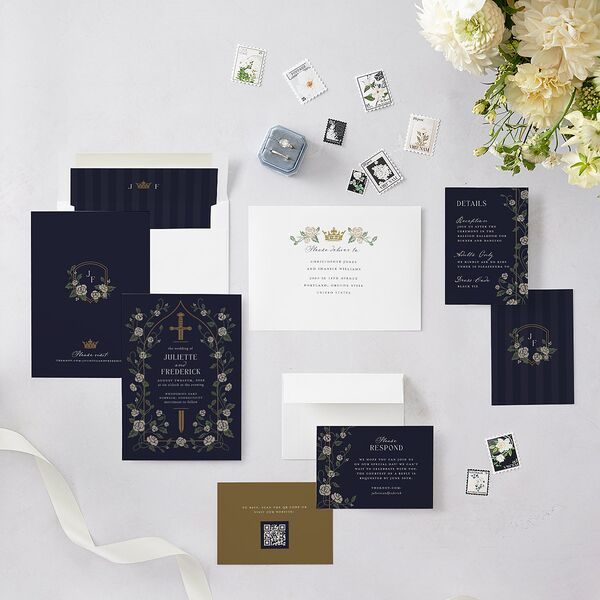 Sword and Roses Fantasy Garden Wedding Invitations Dark Navy Signature Blank No Standard