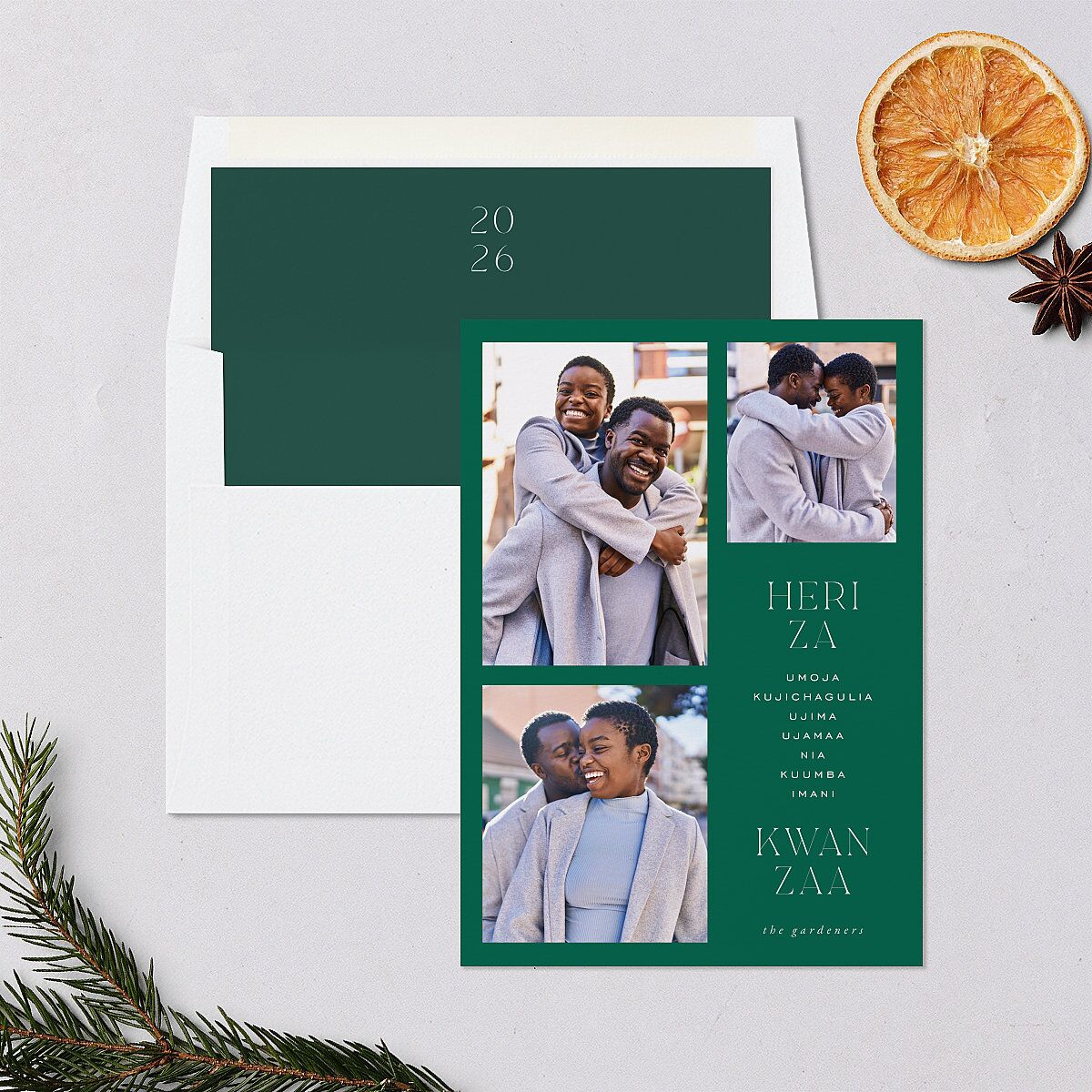 Kwanzaa Grid Holiday Cards Emerald Signature Blank Portrait Standard
